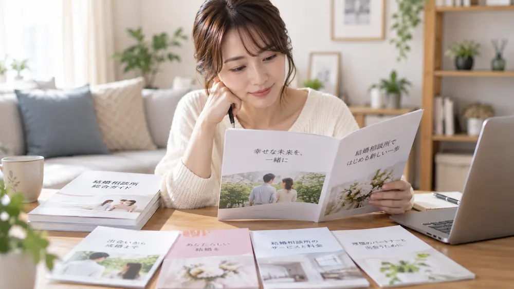 複数の結婚相談所の資料を自宅で比較する30代女性
