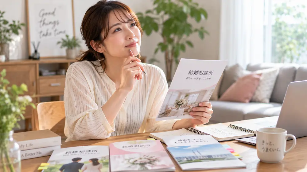 資料を見たあと結婚相談所の無料相談を検討する30代女性