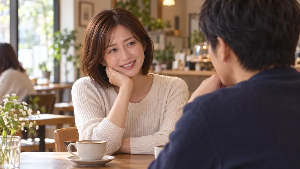 喫茶店で男性と自然に話す女性