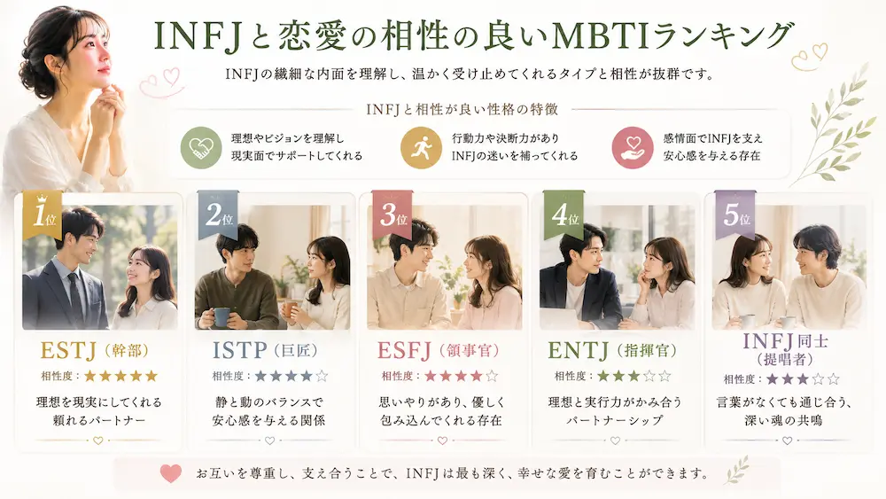 INFJ(提唱者)と恋愛の相性の良いMBTIランキング