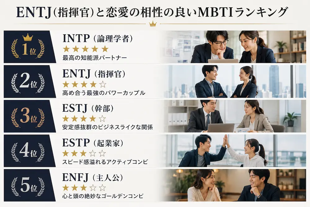 ENTJ(指揮官)と恋愛の相性の良いMBTIランキング