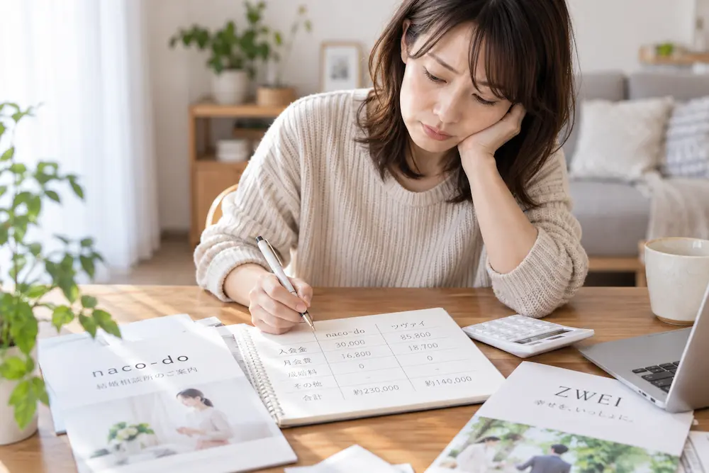 naco-doとツヴァイにかかった婚活費用を比較する女性
