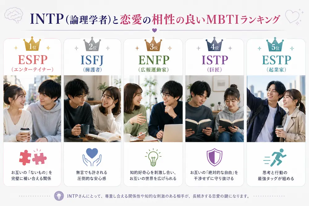 INTP(論理学者)と恋愛の相性の良いMBTIランキング