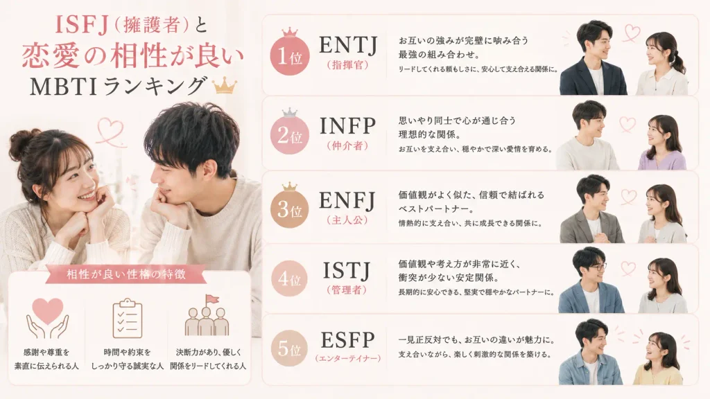 ISFJ(擁護者)と恋愛の相性の良いMBTIランキング
