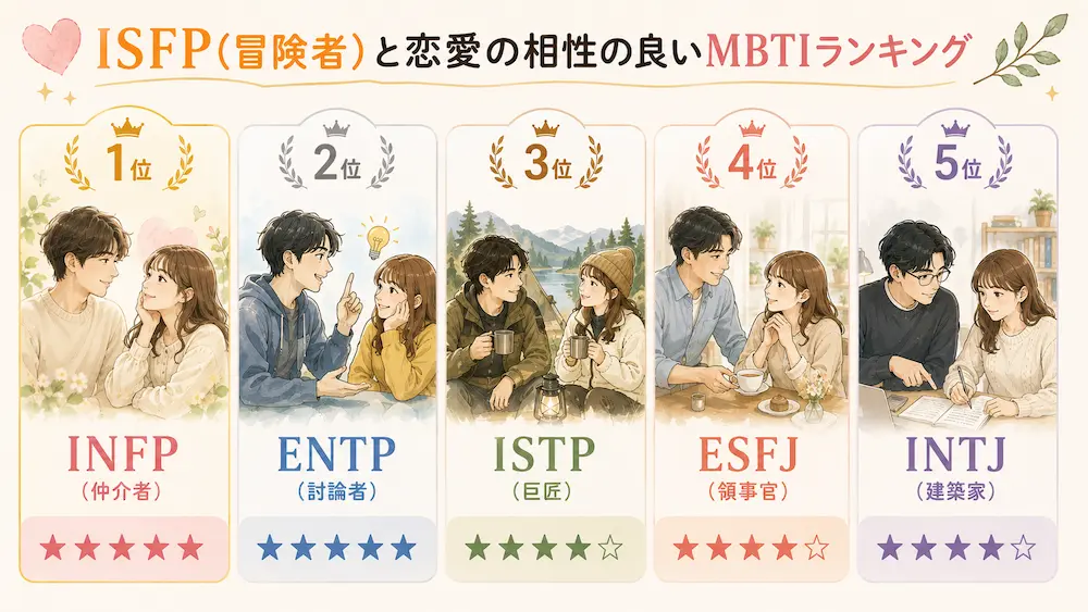 ISFP(冒険者)と恋愛の相性の良いMBTIランキング