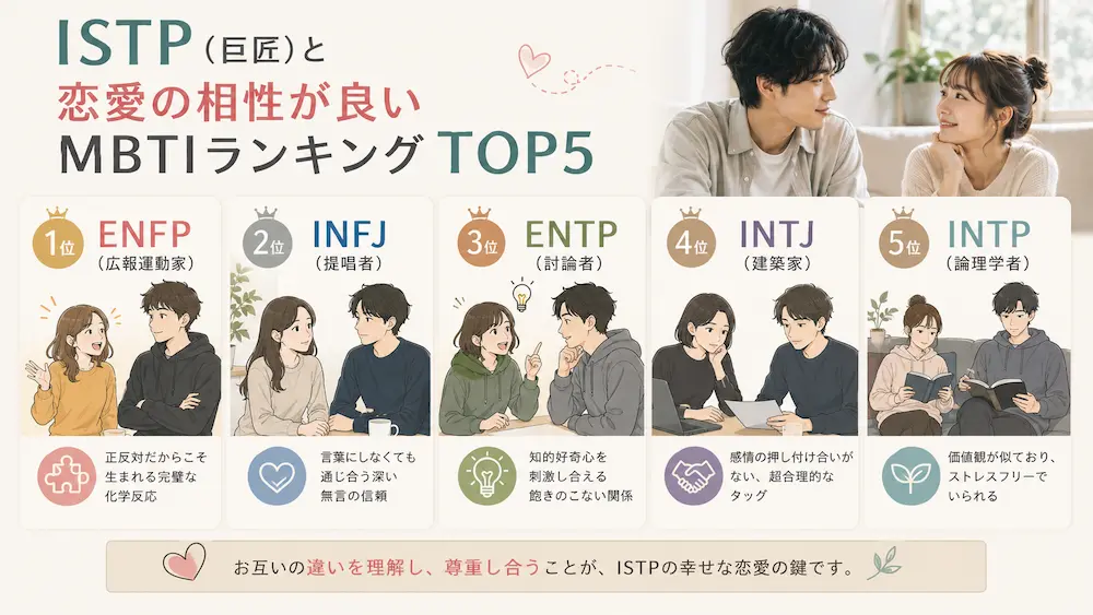 ISTP(巨匠)と恋愛の相性の良いMBTIランキング