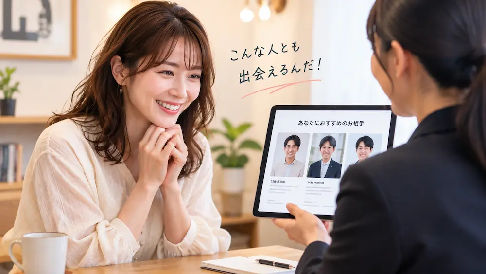 コンシェルジュから相手の紹介を受ける30代女性