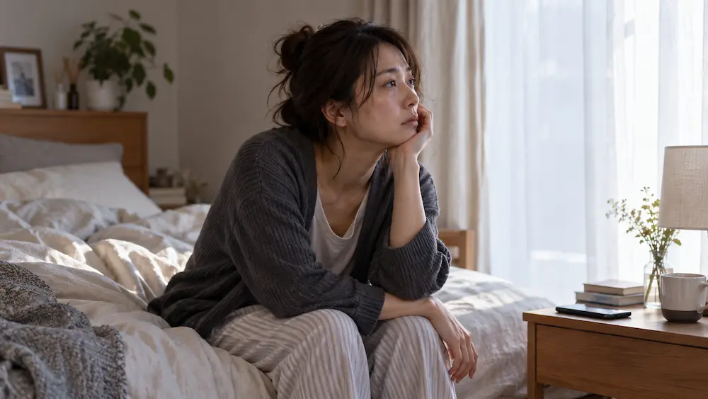 婚活疲れで眠れず朝を迎えた30代女性のイメージ