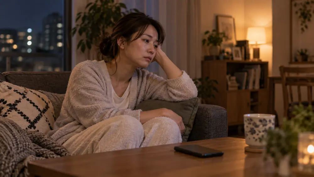 婚活がうまくいかずスマートフォンを見ることに疲れた33歳女性のイメージ