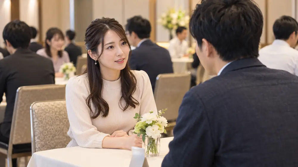 30代で婚活パーティーに参加し男性と会話する女性