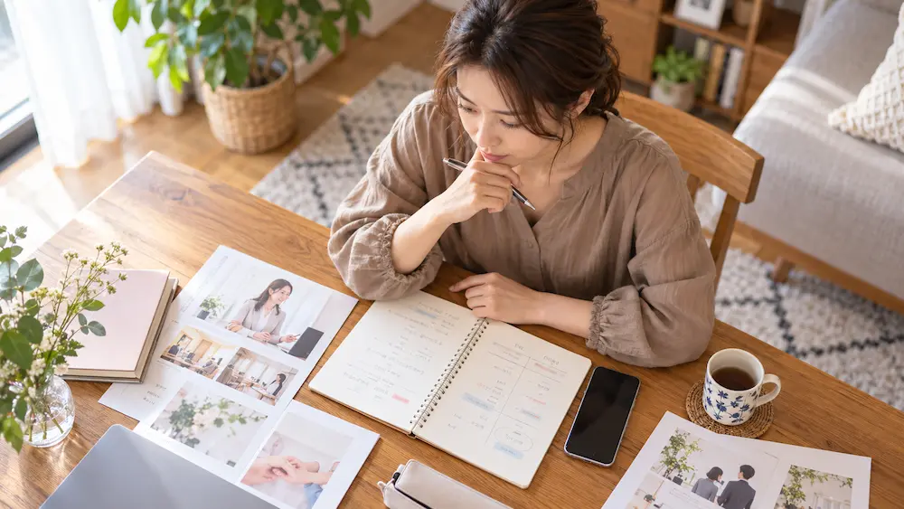 オンライン型と店舗型の違いを比較しながら自分に合う婚活方法を考える女性