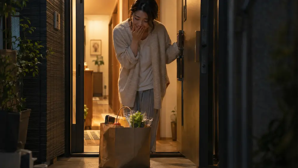  体調を崩した女性のために玄関前へ置かれた差し入れ