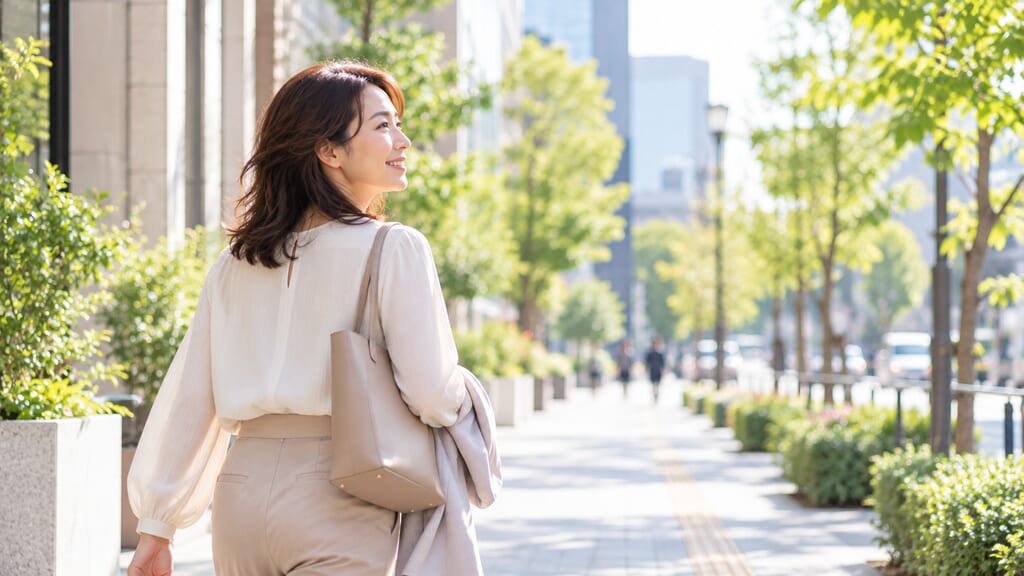 晴れた日の街並みを前向きな表情で歩く30代後半女性