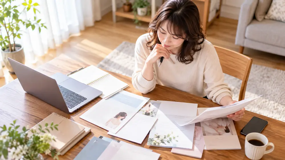 自宅でパソコンや資料を見ながら結婚相談所を比較する女性