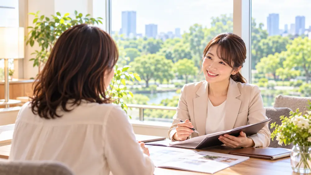 窓から公園が見える相談室でカウンセラーに話を聞いてもらう女性