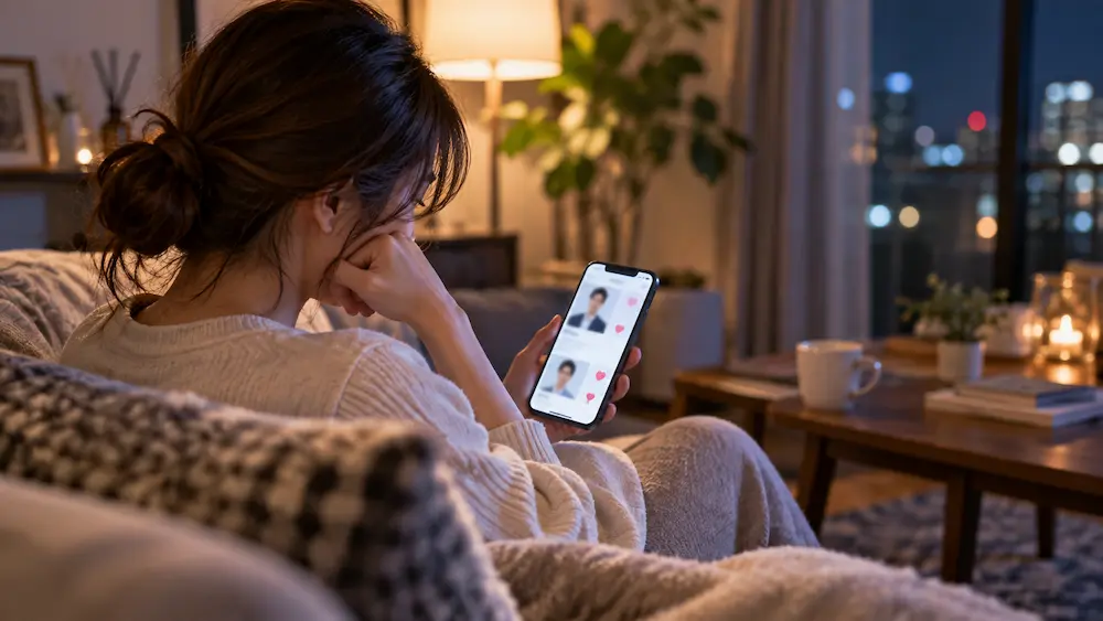 婚活アプリを見ながらいい人がいないと悩む女性