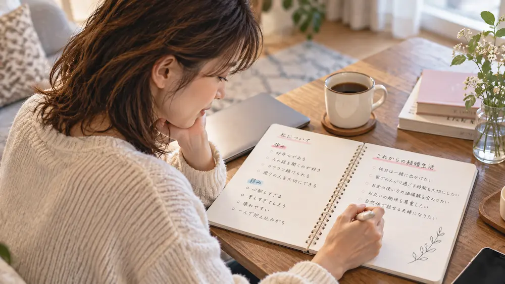 自分の強みや理想の生活をノートに書き出す婚活女性