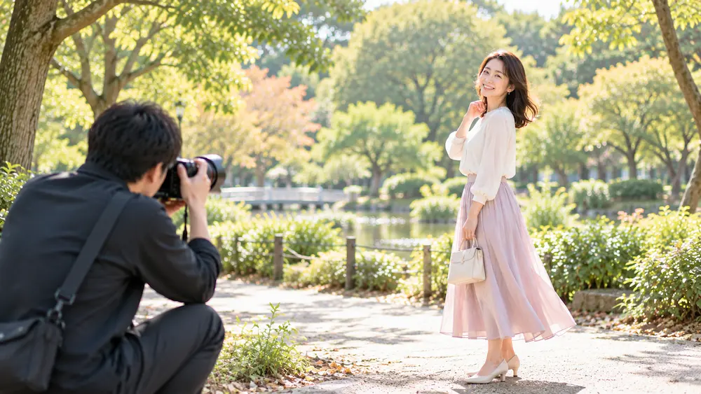 公園の自然光で婚活写真を撮影してもらう30代女性