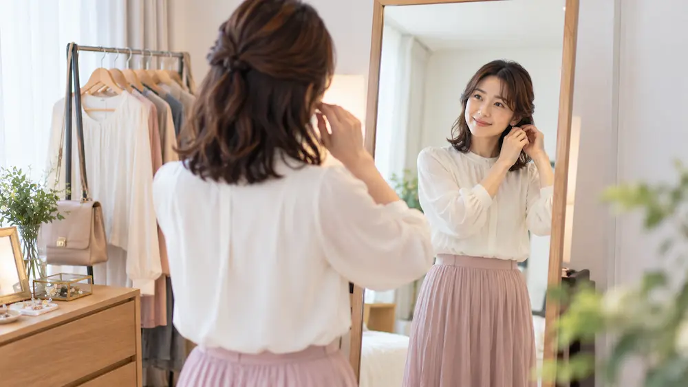 婚活写真の撮影前に服装と髪型を確認する30代女性