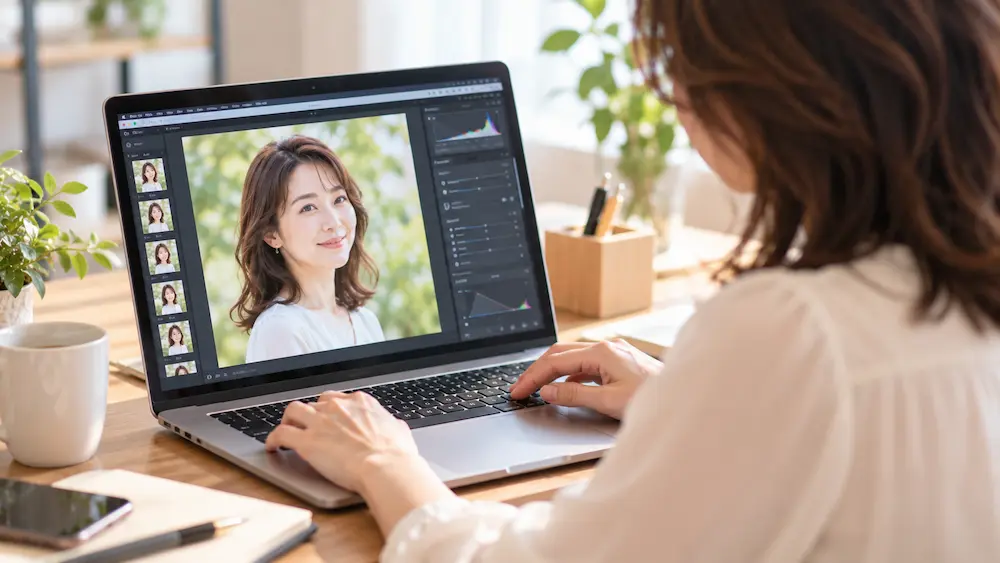 婚活プロフィール写真の明るさや色味を調整する様子