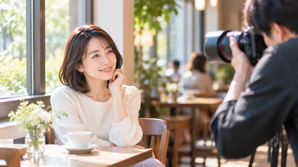 喫茶店の自然光でカメラマンに婚活写真を撮影してもらう女性