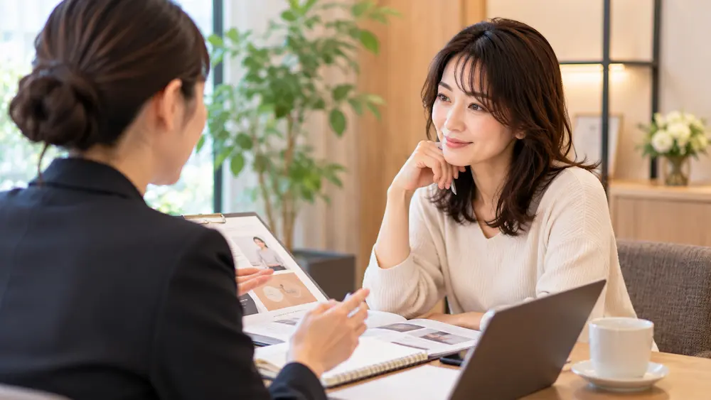 店舗型の結婚相談所で担当者に対面で相談する女性