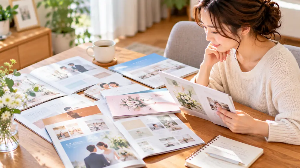 資料を並べて入会先を検討する女性