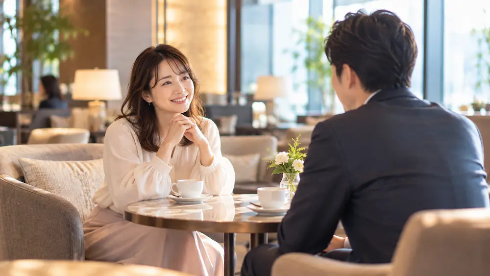 結婚相談所ツヴァイで紹介された男性と会話する30代後半女性のイメージ