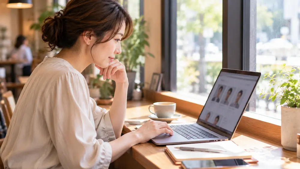ツヴァイの価値観マッチングで相手のプロフィールを確認する30代後半女性