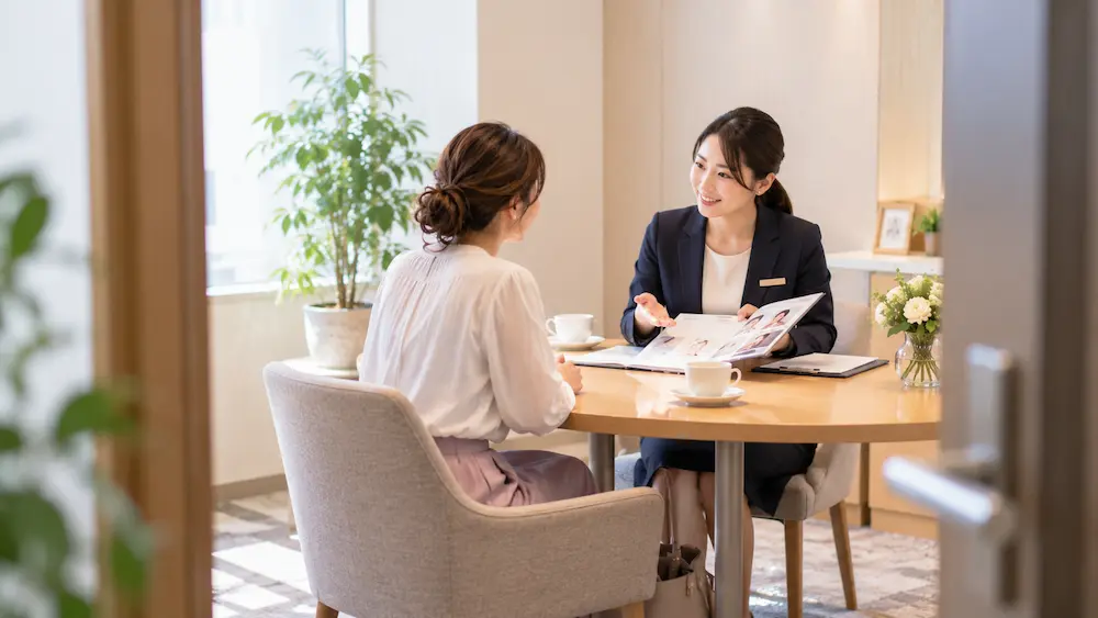 ツヴァイの出会い方について説明を受ける30代女性
