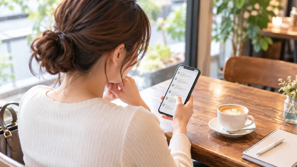 ツヴァイ宇都宮店の口コミをスマートフォンで確認する女性のイメージ