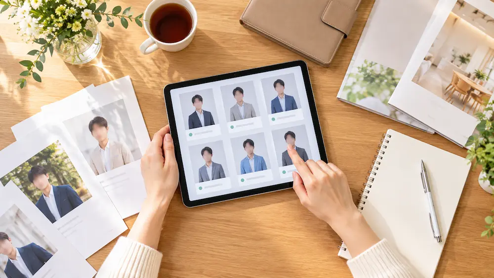 相談員と女性がテーブル越しに資料や画面を確認しているイメージ