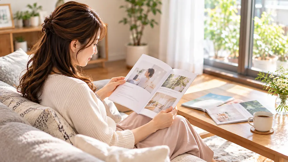 自宅で資料を読みながら落ち着いて考える女性