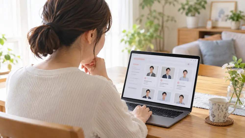 結婚相談所の会員プロフィールを検索して希望条件に合う相手を探す女性