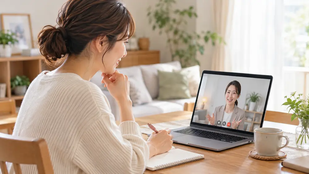 自宅からオンラインで婚活の相談をする女性とノートパソコン