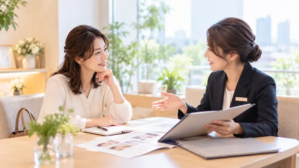 結婚相談所の担当者と活動方法について相談する30代後半女性